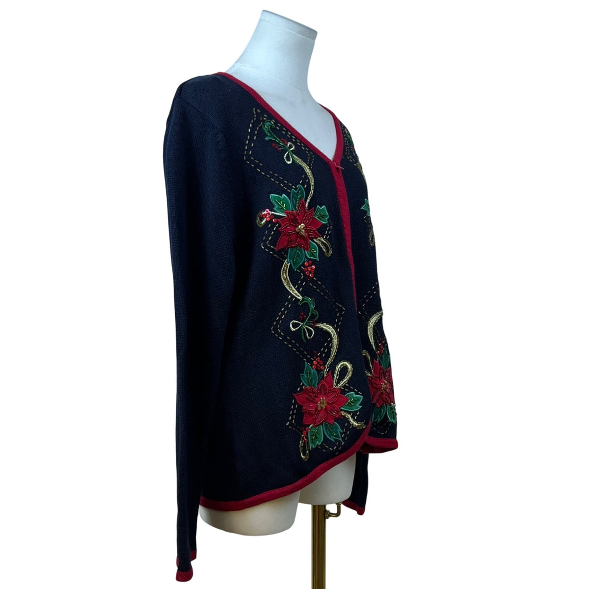 Tiara International Women's Black Red Cardigan Sweater Embroidered Sz L