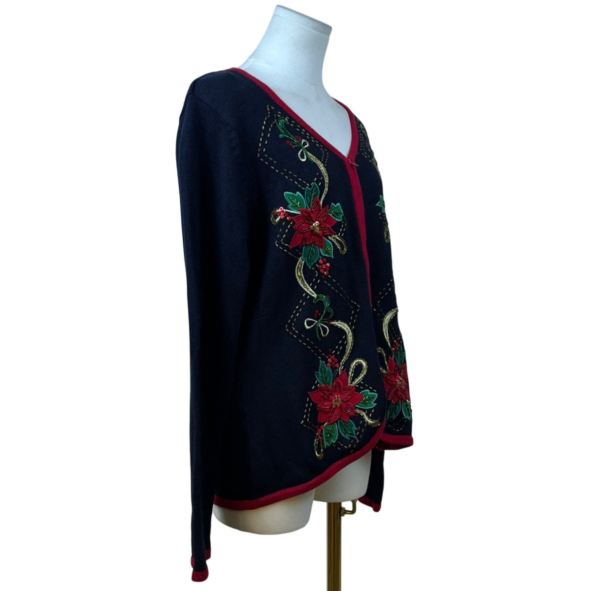 Tiara International Women's Black Red Cardigan Sweater Embroidered Sz L