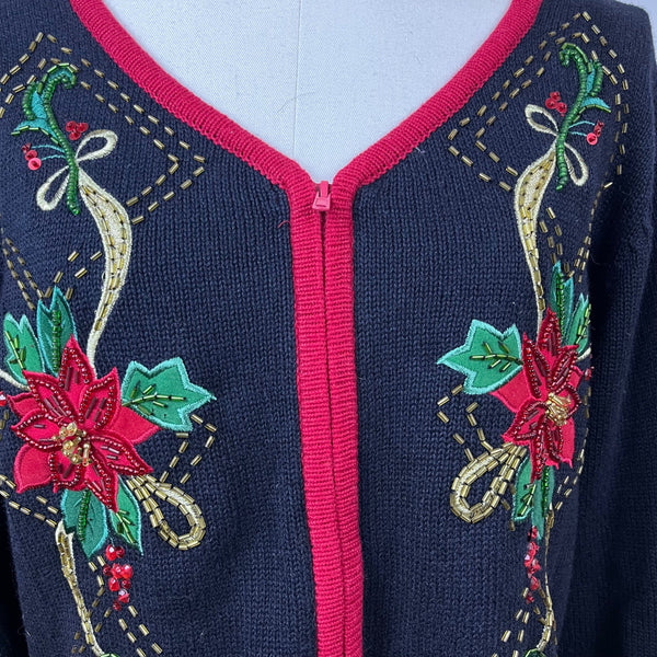 Tiara International Women's Black Red Cardigan Sweater Embroidered Sz L