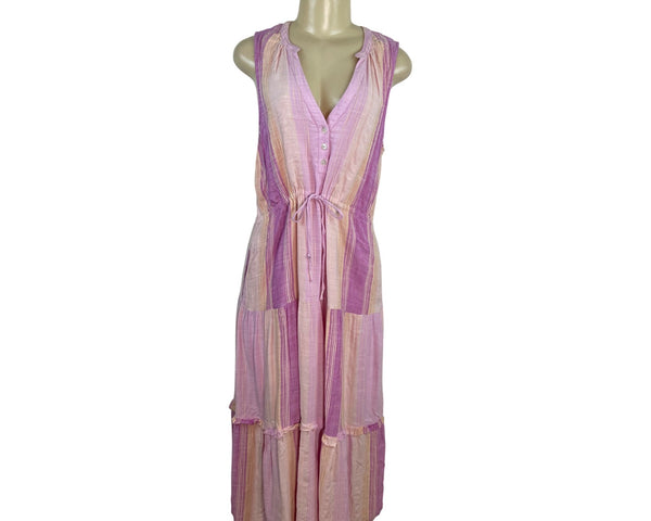 Liverpool Women Sleeveless Striped Midi Dress With Tie Waist Pink & Purple Sz L