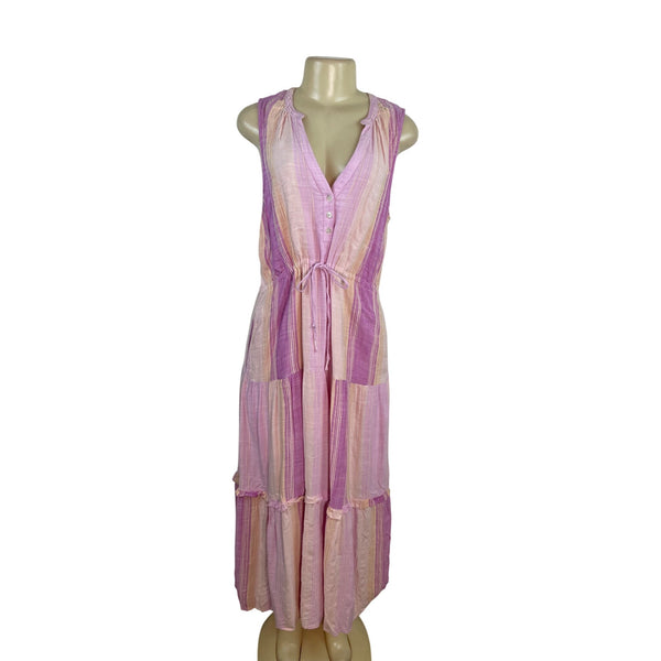 Liverpool Women Sleeveless Striped Midi Dress With Tie Waist Pink & Purple Sz L