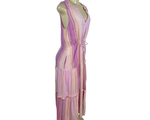 Liverpool Women Sleeveless Striped Midi Dress With Tie Waist Pink & Purple Sz L