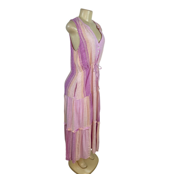 Liverpool Women Sleeveless Striped Midi Dress With Tie Waist Pink & Purple Sz L