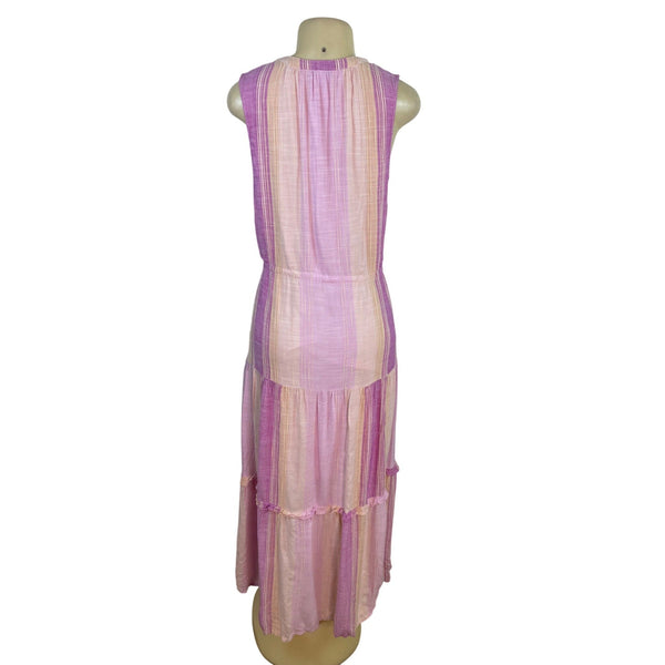 Liverpool Women Sleeveless Striped Midi Dress With Tie Waist Pink & Purple Sz L