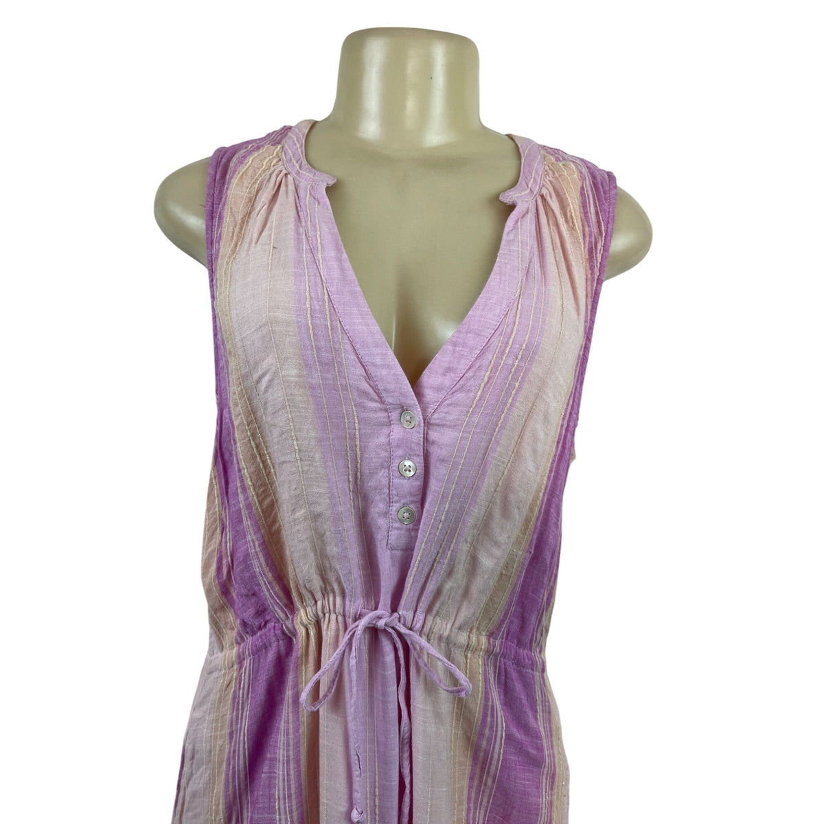 Liverpool Women Sleeveless Striped Midi Dress With Tie Waist Pink & Purple Sz L