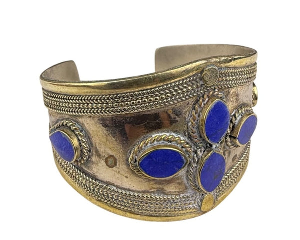 Vintage Handcrafted Cuff Bracelet Blue Lapis Silver & Gold Tone Adjustable Tribal