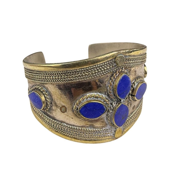 Vintage Handcrafted Cuff Bracelet Blue Lapis Silver & Gold Tone Adjustable Tribal