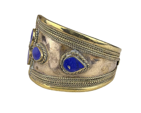 Vintage Handcrafted Cuff Bracelet Blue Lapis Silver & Gold Tone Adjustable Tribal