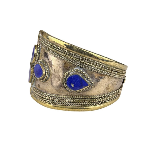 Vintage Handcrafted Cuff Bracelet Blue Lapis Silver & Gold Tone Adjustable Tribal