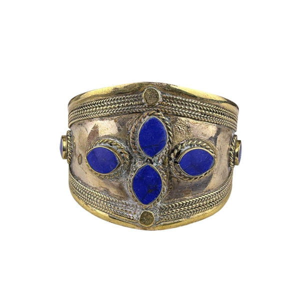 Vintage Handcrafted Cuff Bracelet Blue Lapis Silver & Gold Tone Adjustable Tribal