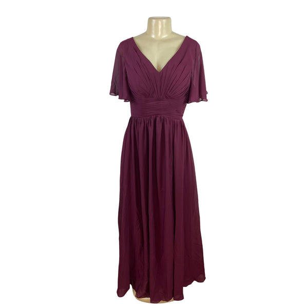 Lavetir Burgundy Flutter Sleeve Long Dress With Ruched Front