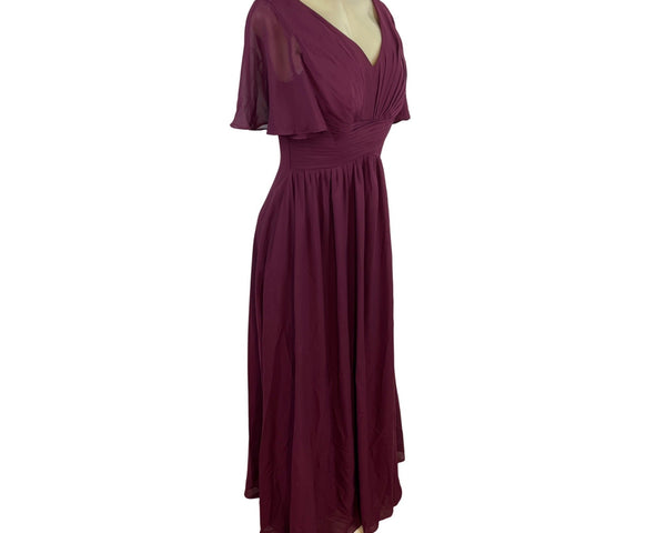 Lavetir Burgundy Flutter Sleeve Long Dress With Ruched Front