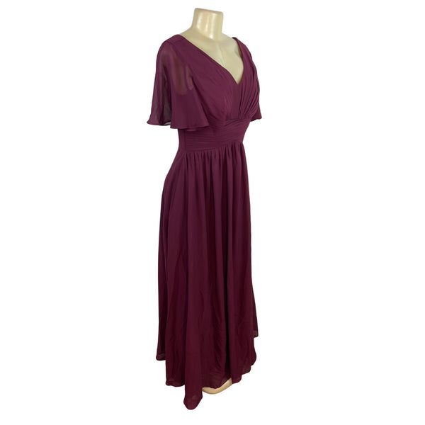 Lavetir Burgundy Flutter Sleeve Long Dress With Ruched Front