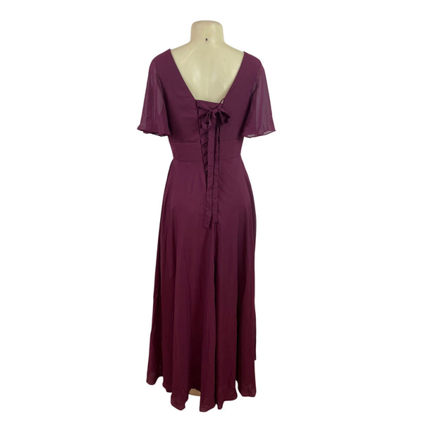 Lavetir Burgundy Flutter Sleeve Long Dress With Ruched Front