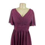 Lavetir Burgundy Flutter Sleeve Long Dress With Ruched Front