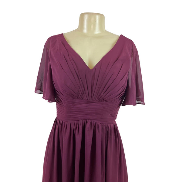 Lavetir Burgundy Flutter Sleeve Long Dress With Ruched Front