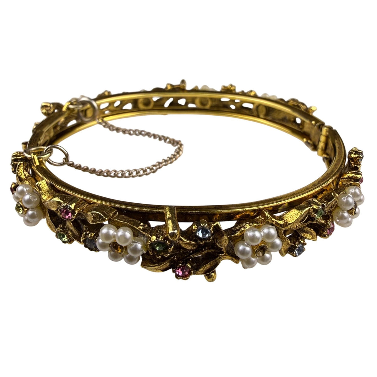 Vintage Gold Tone Rhinestone & Faux Pearl Floral Bangle Bracelet Hinge Clasp
