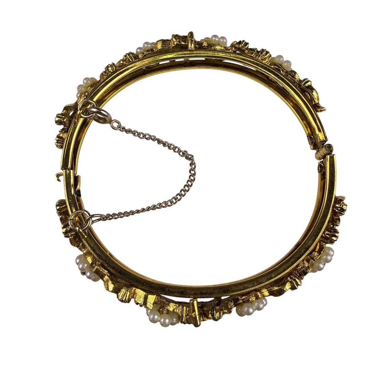 Vintage Gold Tone Rhinestone & Faux Pearl Floral Bangle Bracelet Hinge Clasp