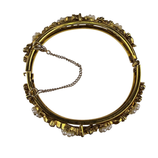 Vintage Gold Tone Rhinestone & Faux Pearl Floral Bangle Bracelet Hinge Clasp
