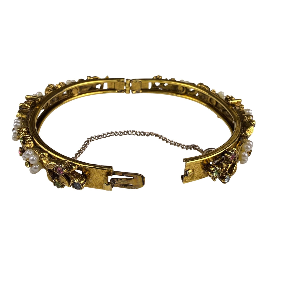 Vintage Gold Tone Rhinestone & Faux Pearl Floral Bangle Bracelet Hinge Clasp