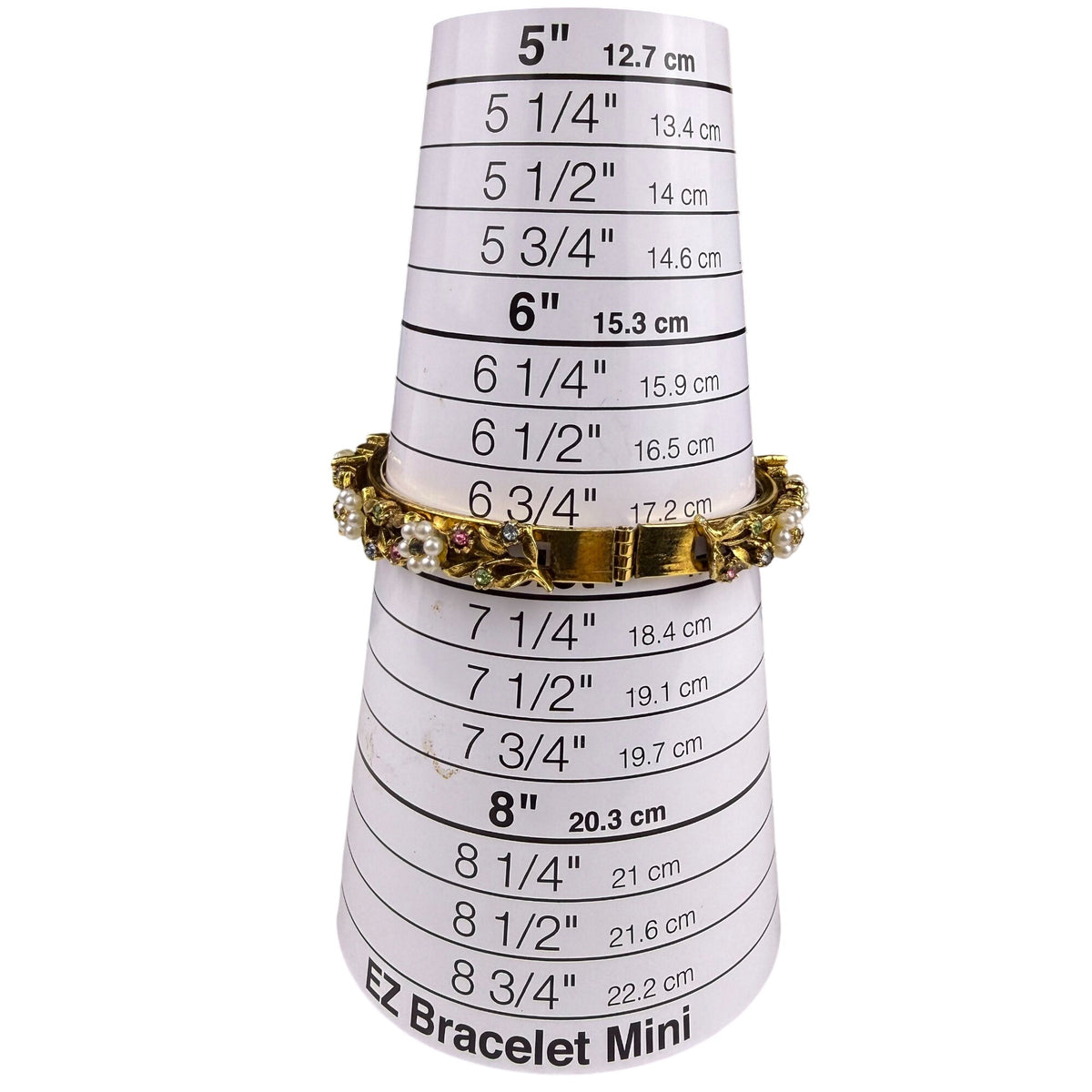 Vintage Gold Tone Rhinestone & Faux Pearl Floral Bangle Bracelet Hinge Clasp