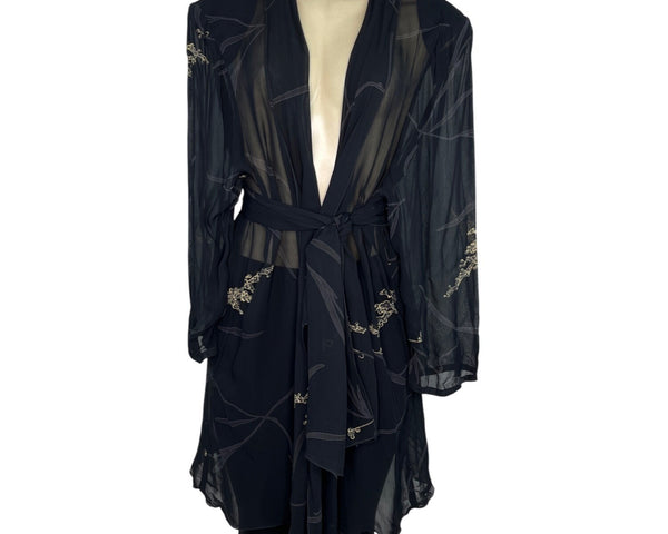 L.B. Originals Women's Black Sheer Robe With Gold Floral Accents Sz 18