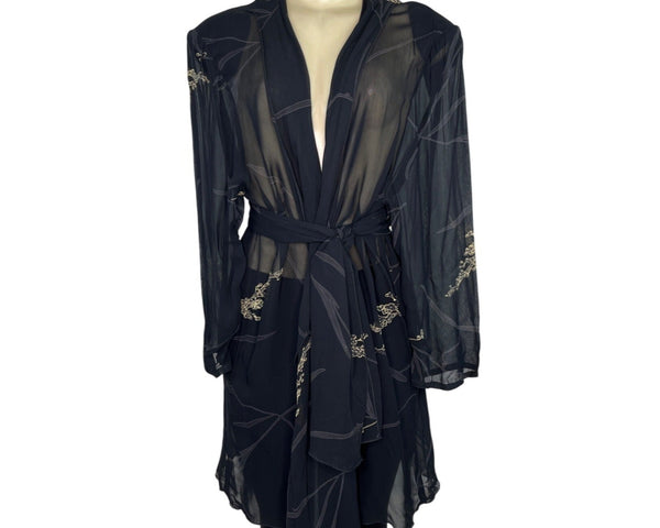L.B. Originals Women's Black Sheer Robe With Gold Floral Accents Sz 18