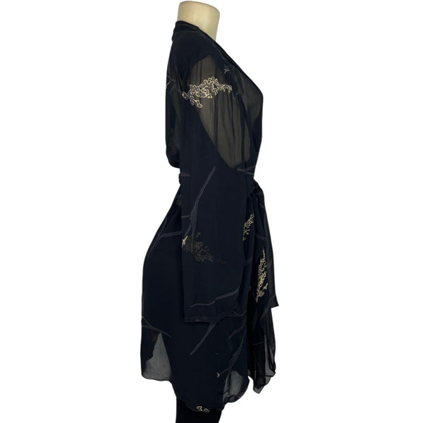 L.B. Originals Women's Black Sheer Robe With Gold Floral Accents Sz 18