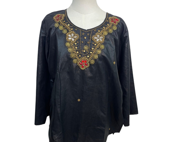 Black Suntex India Embroidered Tunic Top W/ Gold & Red Accents Long Sleeve Sz XL
