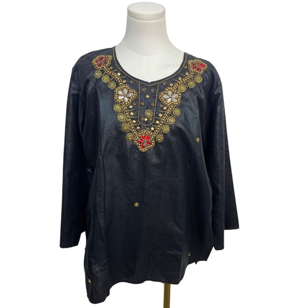 Black Suntex India Embroidered Tunic Top W/ Gold & Red Accents Long Sleeve Sz XL