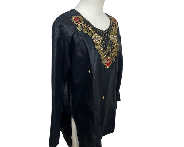 Black Suntex India Embroidered Tunic Top W/ Gold & Red Accents Long Sleeve Sz XL