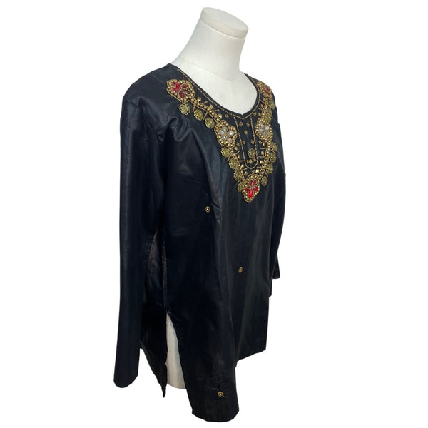 Black Suntex India Embroidered Tunic Top W/ Gold & Red Accents Long Sleeve Sz XL