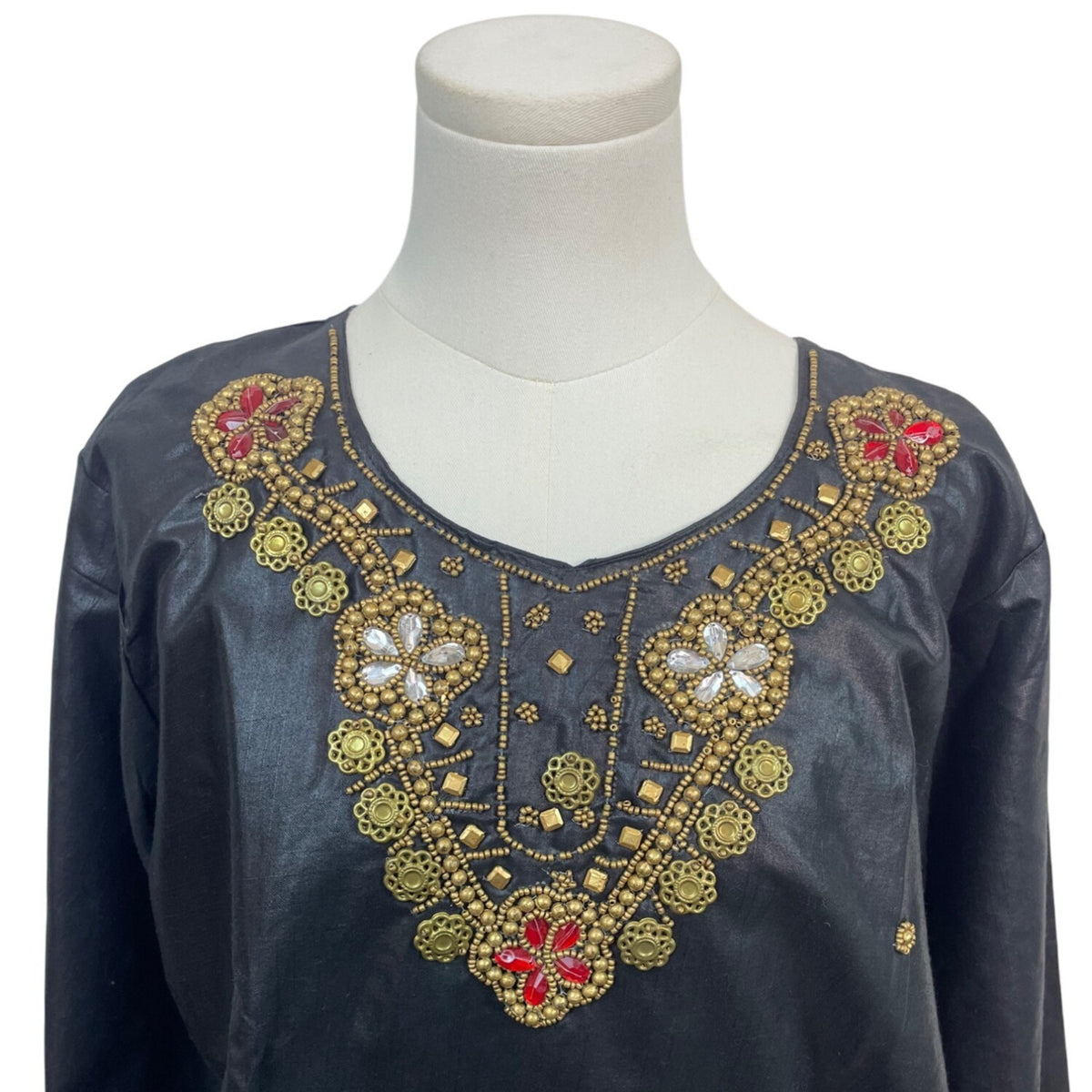 Black Suntex India Embroidered Tunic Top W/ Gold & Red Accents Long Sleeve Sz XL