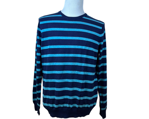 J. Crew Mens Navy Blue/Light Blue Striped Cotton Cashmere Sweater Sz L Crewneck