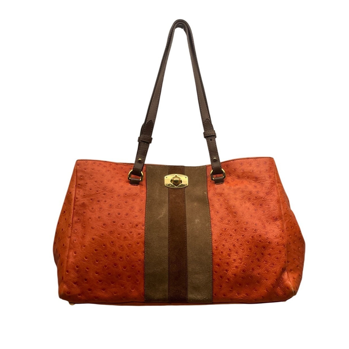 Furla Orange Genuine Leather Ostrich-Embossed Gold-Tone Turn Lock Tote Bag Sz L