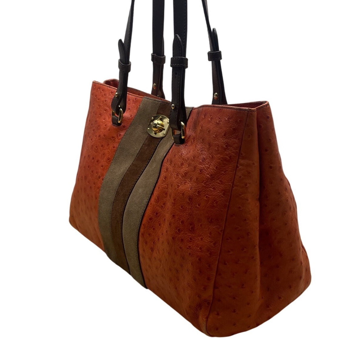 Furla Orange Genuine Leather Ostrich-Embossed Gold-Tone Turn Lock Tote Bag Sz L