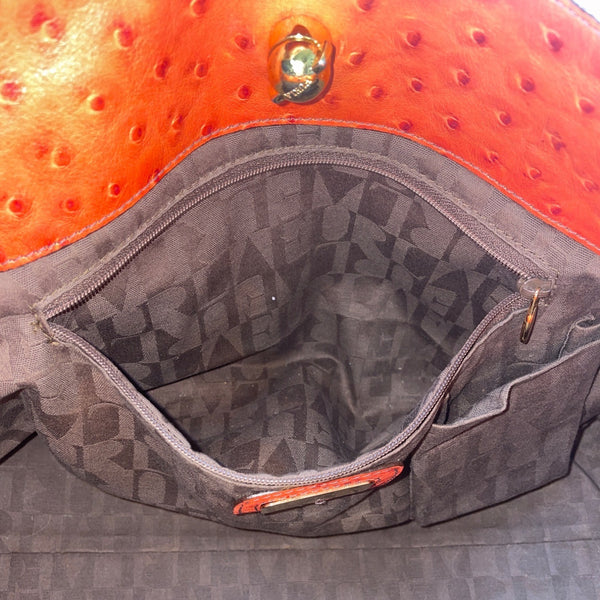 Furla Orange Genuine Leather Ostrich-Embossed Gold-Tone Turn Lock Tote Bag Sz L