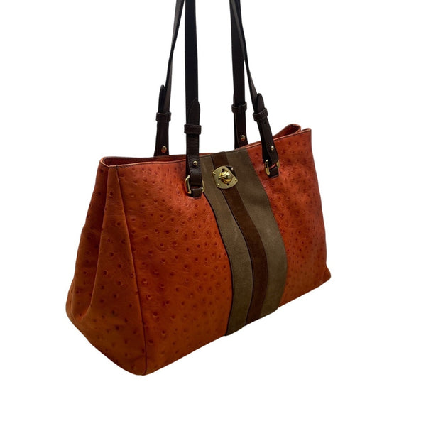 Furla Orange Genuine Leather Ostrich-Embossed Gold-Tone Turn Lock Tote Bag Sz L