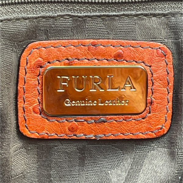 Furla Orange Genuine Leather Ostrich-Embossed Gold-Tone Turn Lock Tote Bag Sz L