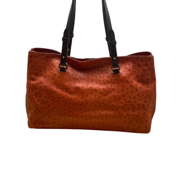 Furla Orange Genuine Leather Ostrich-Embossed Gold-Tone Turn Lock Tote Bag Sz L