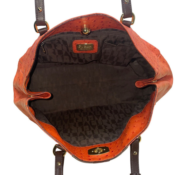 Furla Orange Genuine Leather Ostrich-Embossed Gold-Tone Turn Lock Tote Bag Sz L