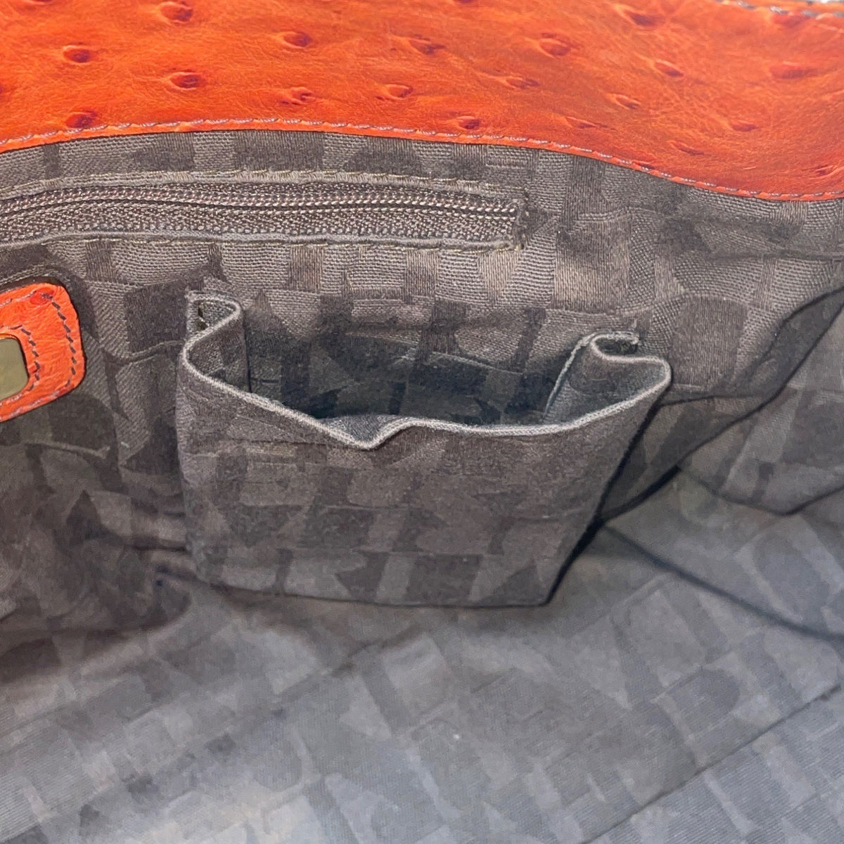Furla Orange Genuine Leather Ostrich-Embossed Gold-Tone Turn Lock Tote Bag Sz L