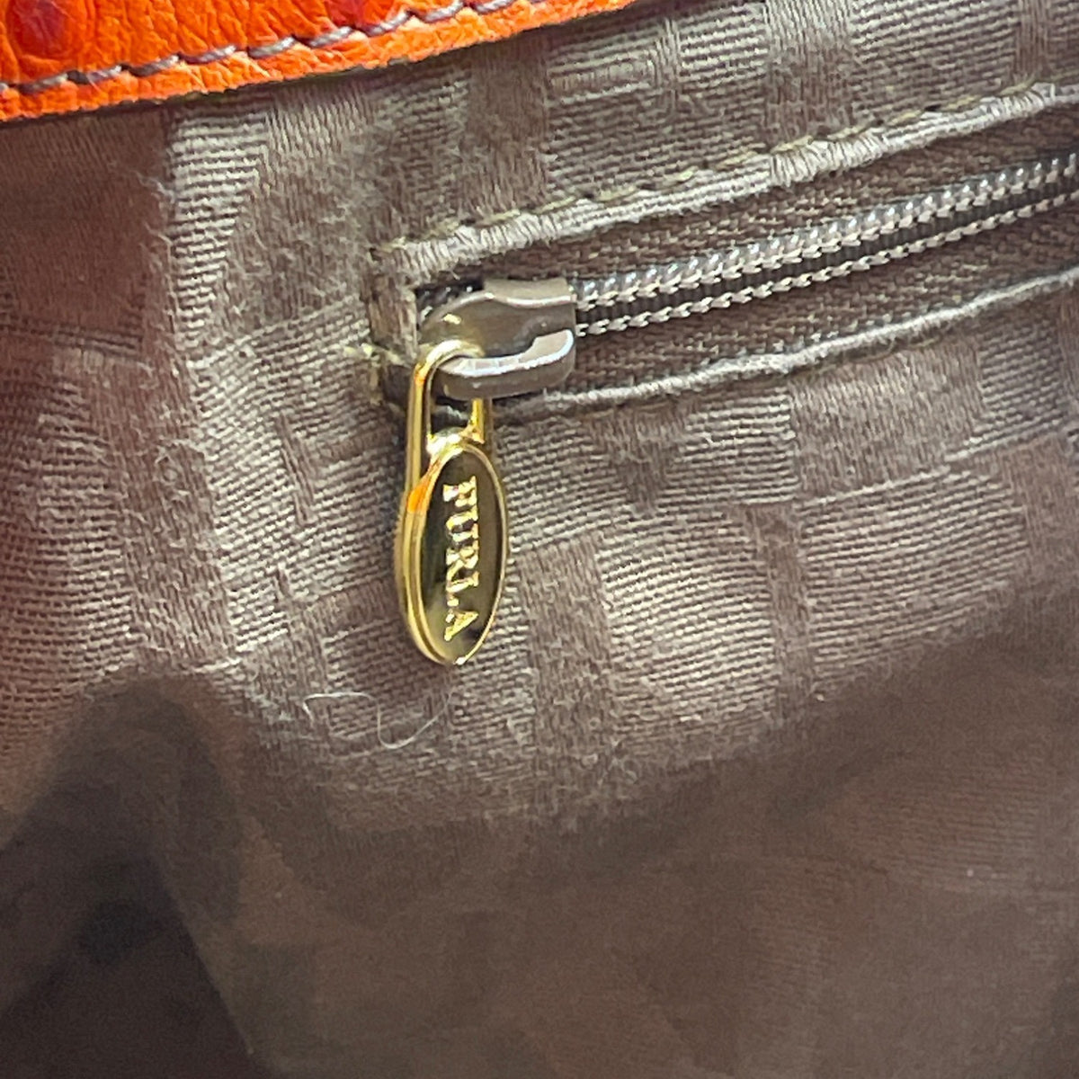Furla Orange Genuine Leather Ostrich-Embossed Gold-Tone Turn Lock Tote Bag Sz L