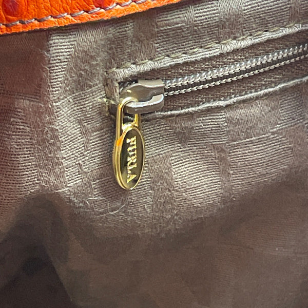 Furla Orange Genuine Leather Ostrich-Embossed Gold-Tone Turn Lock Tote Bag Sz L
