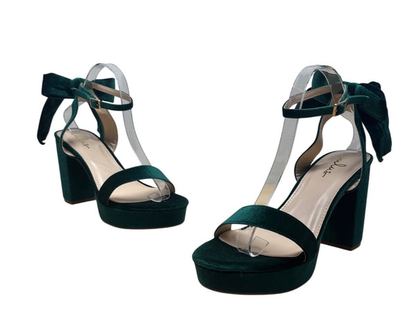 Lulus Emerald Green Velvet Bow Tie Straps Block Heel Sandals Sz 10 - New