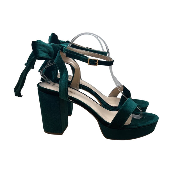 Lulus Emerald Green Velvet Bow Tie Straps Block Heel Sandals Sz 10 - New