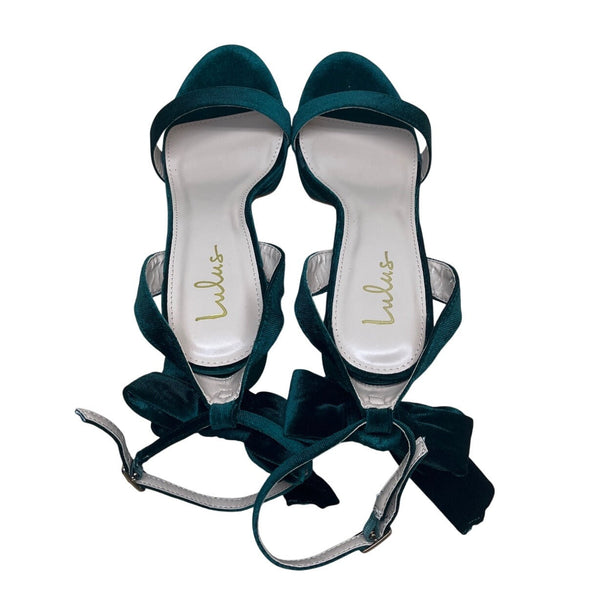 Lulus Emerald Green Velvet Bow Tie Straps Block Heel Sandals Sz 10 - New