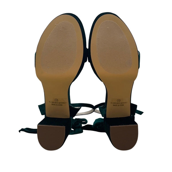Lulus Emerald Green Velvet Bow Tie Straps Block Heel Sandals Sz 10 - New