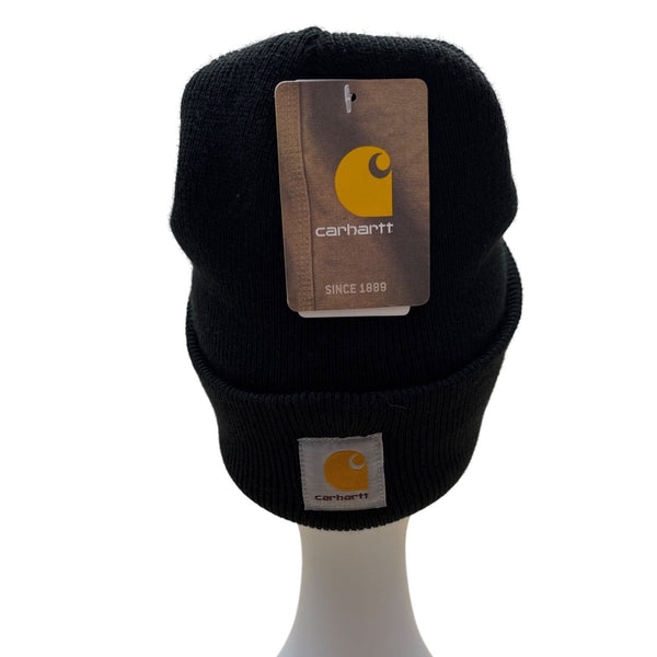 Carhartt Black Knit Cuffed Beanie Hat With Embroidered Logos - New