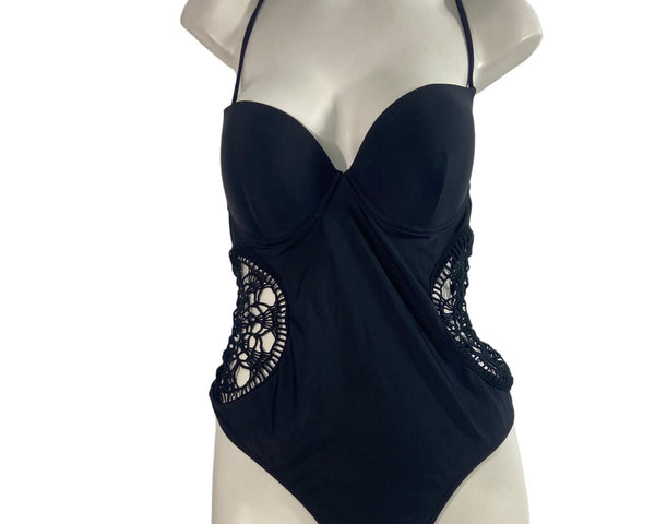 Shein Women's Black Macrame One Piece Swimsuit Sz L
